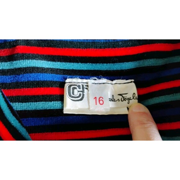 Vtg Velour Shirt Dress, 1970s Multi-color Stripe Trim Belted Zip Front Sz M/L - Picture 6 of 9